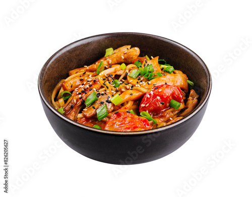 Asian stir-fried noodles with vegetables in bowl