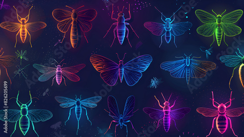 Dark blue Background with various colorful glowing insects in holographic Vibrant colors Biological Entomological Design