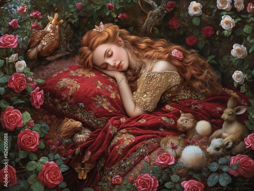 A woman is sleeping on a bed with a pillow and a stuffed rabbit. The bed is covered in red fabric and surrounded by roses © MaxK