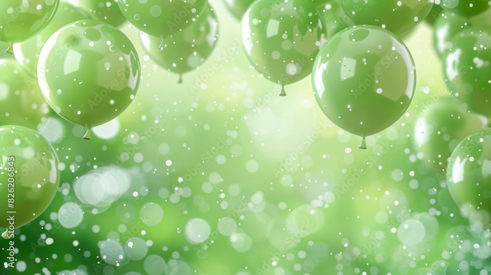 Cheerful green balloons floating against a soft, green bokeh background, creating a festive and joyful atmosphere. Perfect for celebrations.