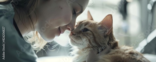 A woman affectionately rubbing noses with a ginger cat, showcasing a tender moment of love and companionship in a cozy setting. photo