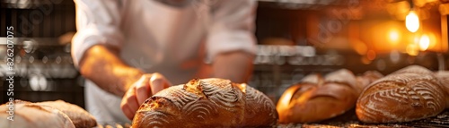 Baker placing freshly baked artisan bread on a wooden shelf in a warm, inviting bakery with rustic decor and ambient lighting.