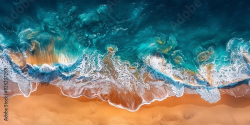 Dramatic Aerial Photograph of Waves Crashing Against the Beach. Turquoise Waters and Golden Sand, Travel Concept Background.