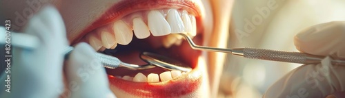 Close-up of a dental check-up with a dentist using tools to examine and clean teeth at a clinic. Oral hygiene and dental healthcare concept. photo