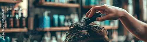 Close-up of a barber using clippers on a client's hair in a modern barbershop with shelves of grooming products in the background. photo