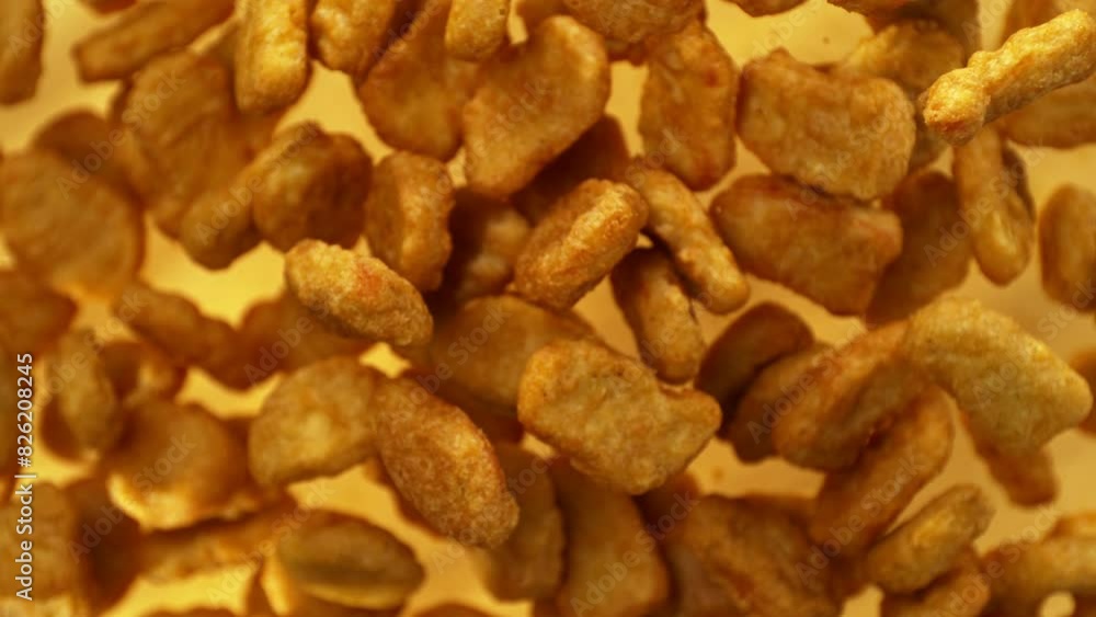 Super Slow Motion of Flying Fried Chicken Pieces on Golden Background. Filmed on High Speed Cinema Camera, 1000fps. Super Slow Motion of Flying Fried Chicken Pieces on Golden Background. Filmed on High Speed Cinema Camera, 1000fps.