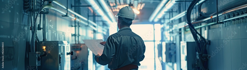 Engineer in protective gear inspecting a high-tech data center with advanced equipment, ensuring secure and efficient operation. Engineer in protective gear inspecting a high-tech data center with advanced equipment, ensuring secure and efficient operation.
