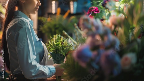 Florist arranging fresh flower bouquet in a shop with vibrant colors and natural light, creating a serene and creative atmosphere. photo