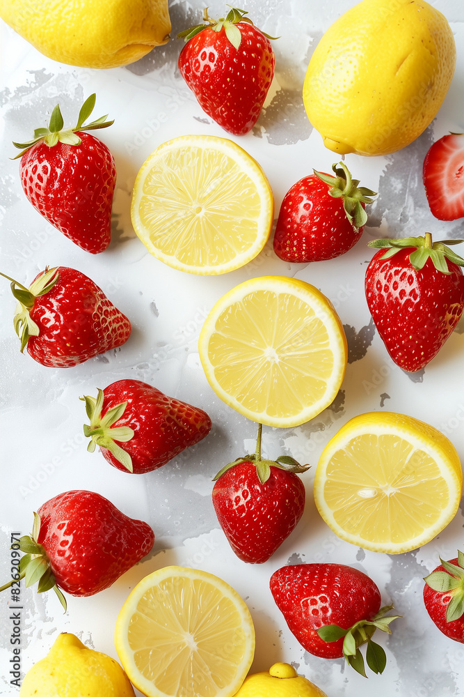 Slices of strawberry and lemon on the table top down view Slices of strawberry and lemon on the table top down view