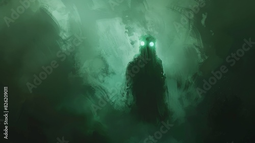 The dark figure of a person in a green fog.