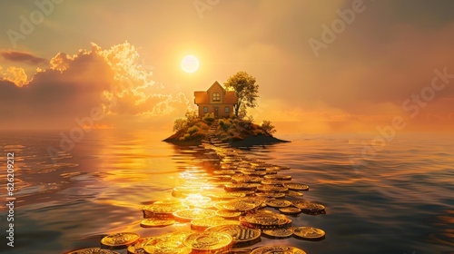 The golden path to wealth leads to a small house on an island paradise. photo