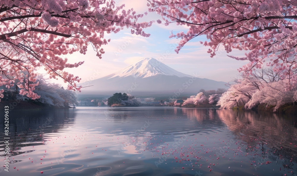 Cherry blossoms and Mount Fuji during a festival in Japan.