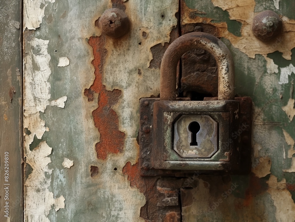 A rusty old lock with a keyhole sits on a wall. The lock is old and worn, and the wall it is on is also old and has peeling paint. The scene gives off a sense of decay and abandonment A rusty old lock with a keyhole sits on a wall. The lock is old and worn, and the wall it is on is also old and has peeling paint. The scene gives off a sense of decay and abandonment