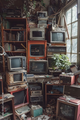 An abandoned room with scattered vintage electronics