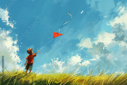 A cartoon painting of young boy flying a kite on a windy day, with the kite soaring high in the sky © hdesert