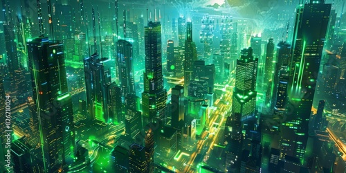 Futuristic Cityscape with Green and Blue Neon lights. Night scene with Advanced Superstructures. © Viacheslav