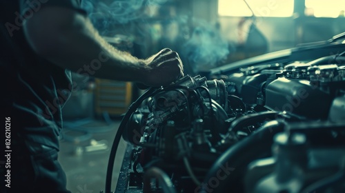 Mechanic working on car engine in workshop, focused and detailed automotive repair scene with tools and machinery.