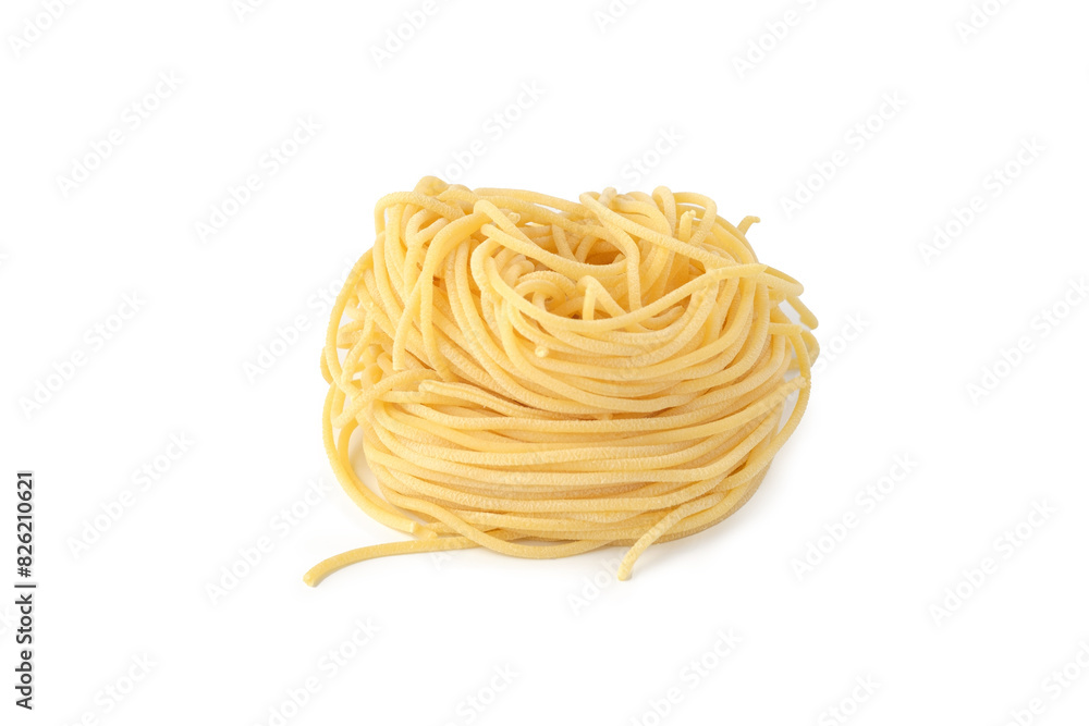 Egg Pasta spaghetti not cooked on a white background rolled into Egg Pasta spaghetti not cooked on a white background rolled into