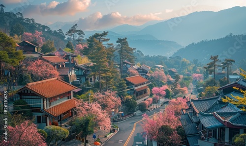 Chureito, Fujiyoshida, Japan's picturesque landscape and iconic Mount Fuji, colorful cherry trees, Sakura. photo