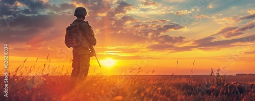 Silhouette of a soldier standing in a field during a beautiful sunset, reflecting themes of duty, courage, and the serene beauty of nature. photo