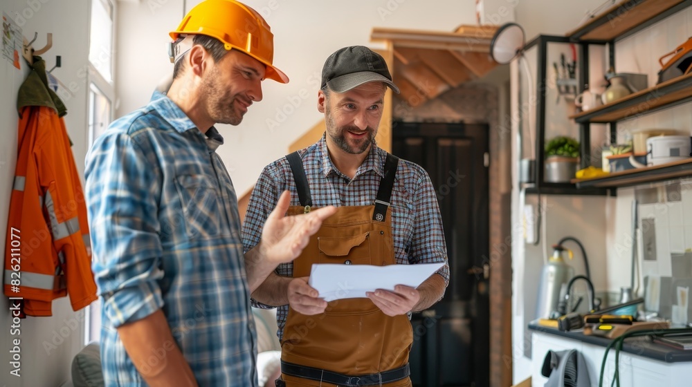 Two construction workers reviewing blueprints inside a modern home renovation project, discussing plans and wearing work gear and helmets. Two construction workers reviewing blueprints inside a modern home renovation project, discussing plans and wearing work gear and helmets.