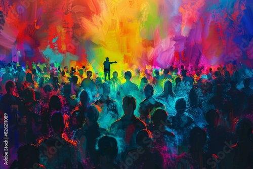 Silhouette of a dj with raised arms in a colorful, abstract crowd scene photo