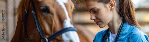 Veterinary professional examines horse in stable, focusing on equine health. Dedicated care for animal well-being and veterinary science.