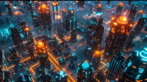 The city of the future with neon lights and flying cars.