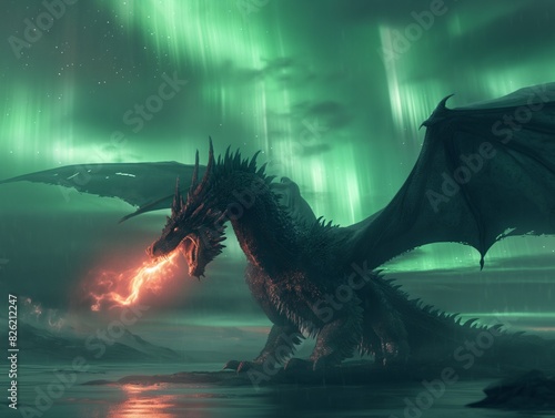 A dragon is depicted in a green and purple sky  with a fiery breath and glowing wings. Concept of power and majesty  as well as a sense of danger and awe