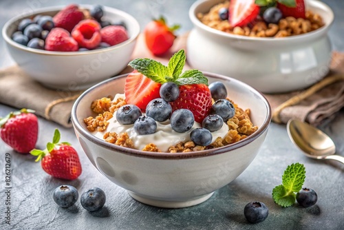 A bowl with homemade yogurt, muesli, berries and nuts. Healthy and delicious breakfast. Good morning to the day.