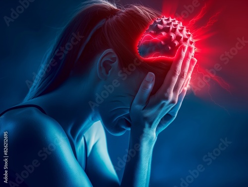 A woman with a red head is crying. The image is a representation of a woman's head being bombarded with pain photo