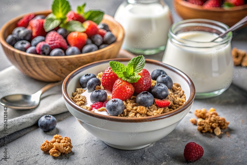 A bowl with homemade yogurt, muesli, berries and nuts. Healthy and delicious breakfast. Good morning to the day. A bowl with homemade yogurt, muesli, berries and nuts. Healthy and delicious breakfast. Good morning to the day.