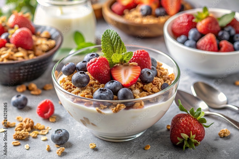 A bowl with homemade yogurt, muesli, berries and nuts. Healthy and delicious breakfast. Good morning to the day. A bowl with homemade yogurt, muesli, berries and nuts. Healthy and delicious breakfast. Good morning to the day.
