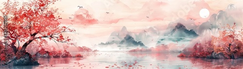 Peaceful watercolor landscape featuring a dreamy lake, serene mountains, and blossoming cherry trees under a soft pink sky at sunset.