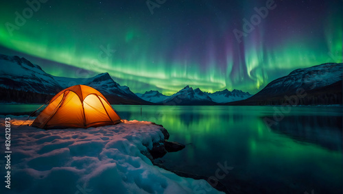 A glowing tent by a calm tranquil lake with the beautiful northern lights dancing in the sky