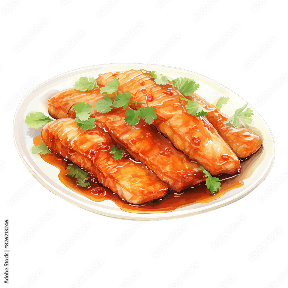 Delicious glazed salmon fillets garnished with fresh cilantro on a white plate, offering a savory and visually appealing dish. Delicious glazed salmon fillets garnished with fresh cilantro on a white plate, offering a savory and visually appealing dish.