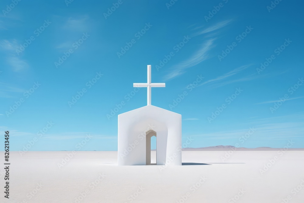 A minimalist white cubic church with a cross in the middle of a vast desert, representing isolation and spirituality, with a clear blue sky background