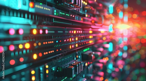 Abstract image of a server room. Glowing lights and bokeh effect. photo