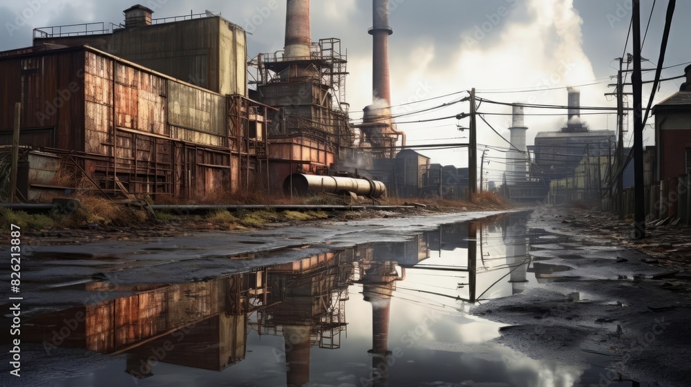 An industrial area featuring piles of wood and a factory in the background, captured on a cloudy day with puddles of rainwater creating reflective surfaces on the ground An industrial area featuring piles of wood and a factory in the background, captured on a cloudy day with puddles of rainwater creating reflective surfaces on the ground