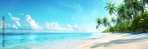Tranquil Beach Scene  A deserted beach with calm turquoise water  white sand  and palm trees swaying in the breeze