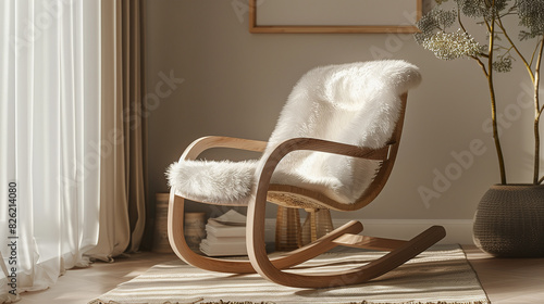 Modern Scandinavian rocking chair, light wood frame with a curved backrest and woven paper seat, plush sheepskin throw, ideal for a cozy reading corner