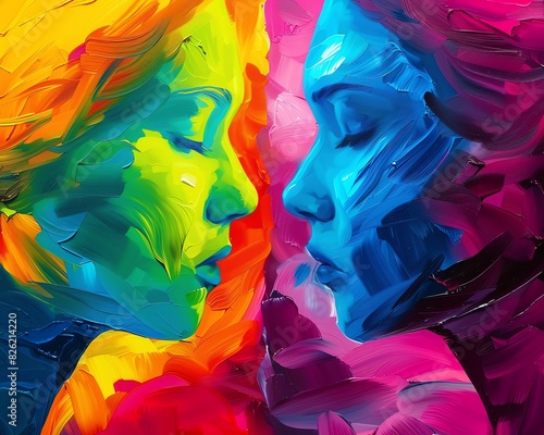 Vibrant abstract portrait of two profiles with bold color contrasts, highlighting the intricacy and beauty of digital oil painting. photo