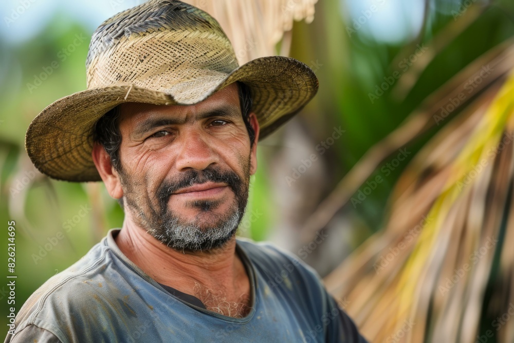 Closeup image of a contented male farmer with a straw hat, showcasing rural life