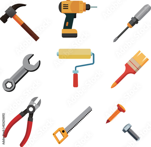 a collection of different Home Repair Tools including a hammer and a wrench