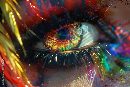 Futuristic eye art featuring multi colored iris  vibrant cyber cityscape  reflection of neon lights