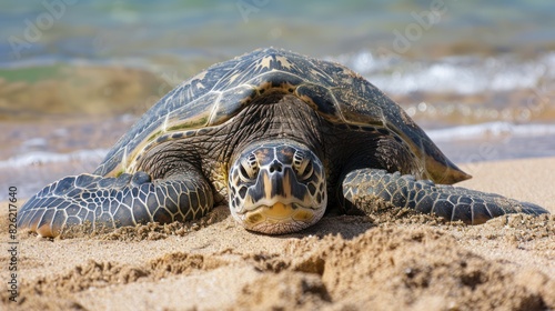 A sea turtle laying eggs on the beach. 