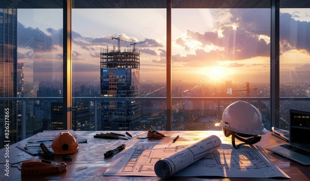 Construction site with blueprints and equipment, building, modern view, scenic architecture