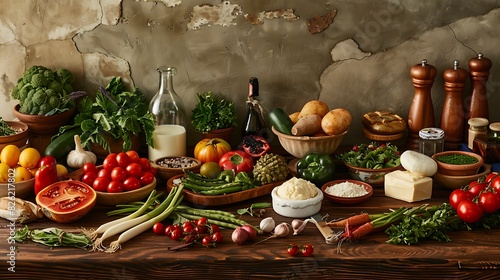 A rustic wooden table laden with freshly picked vegetables, fruits, and dairy products. Show the journey from farm to kitchen, emphasizing freshness and sustainability.