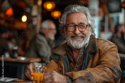 A distinguished elderly man with glasses and a warm smile, enjoying a drink in a pub environment