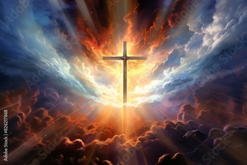 Divine resurrection depicted by an artistic illustration of a cross with a cloth, bathed in radiant light and surrounded by swirling, colorful clouds, representing the glory and majesty of the resurre